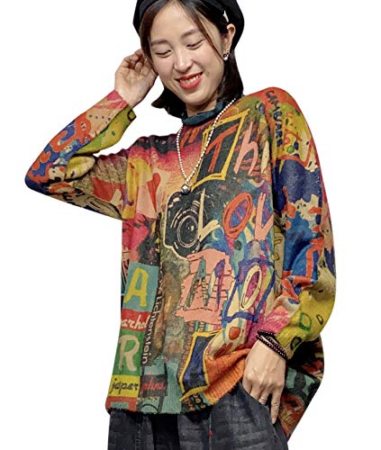 Image of YESNO Women Christmas Sweater Graphic Printed Oversized Pullover Sweaters Casual Loose Knit Tops S01