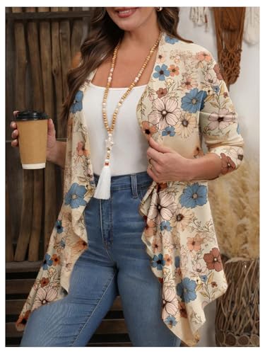 OYOANGLE Women's Plus Size Boho Floral Print Long Sleeve Open Front Kimono Lightweight Asymmetrical Cardigan2