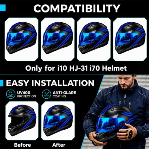 Image of PSLER Shatterproof Helmet Visor for i10 HJ-31 i70,Deep Blue | Impact-Resistant ,UV400 Protection, Motorcycle Tinted Face Shield for i10 HJ-31 i70 ,Visor Replacement
