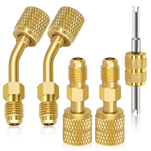 FANOVO Mini Split Adapter R410a Adapter Straight & Angled Charging Vacuum Port Adapter 5/16 Female to 1/4SAE Male R410 Fitting with Valve Core Tool for Air Conditioner Refrigeration Service