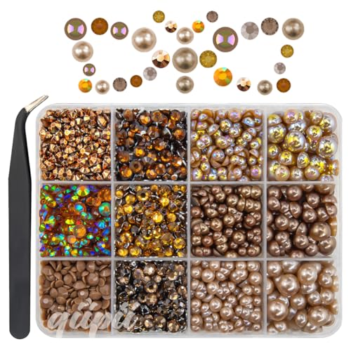 qiipii Brown 3mm-8mm Flatback Pearls and Rhinestones for Bedazzling Crafting Half Pearls Resin Stones Diamonds Gems Crystals for Nails Face Eyes Makeup Tumblers Bottles Crafts Grad Cap Shoes Scrapbook