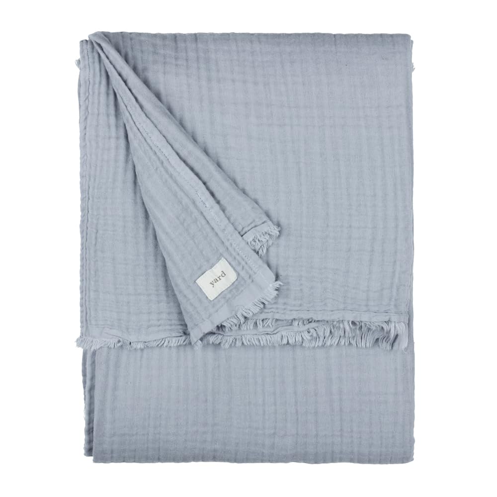 Yard furn Lark Cotton Muslin Throw – Soft Crinkle Texture Blanket (Mineral Blue – 240x260cm)