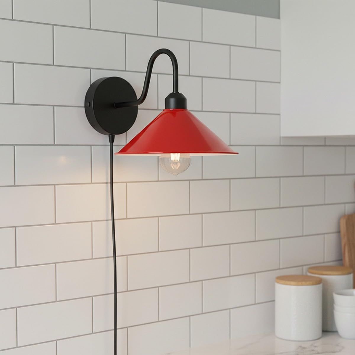 LEDSone Modern Vintage Retro Industrial Wall Sconce Light Plug in Wall Lamp with Red Arm, Modern Swan Neck Metal Wall Light, Indoor Sconce for Bedroom, Dining Room, Living Room Wall Lights