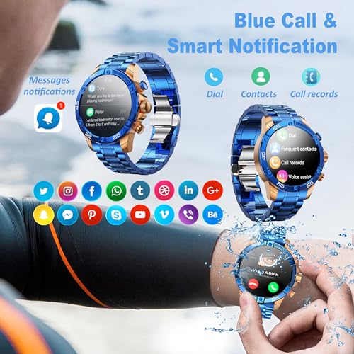 Men's Smart Watch Round HD 1.53" Gold Blue Smart Watches for Men, Multiple Sports Modes, Bluetooth Voice Call. Available for iOS and Android - Image 3