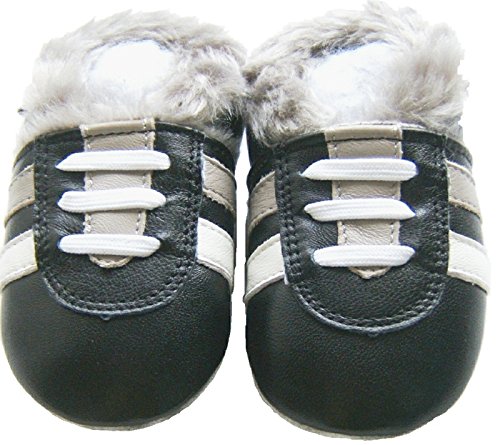 Leather Baby Soft Sole Fur Lining Shoes Boy Girl Infant Children Kid Toddler Crib First Walk Gift Sport Black Fur (0-6month, Black)