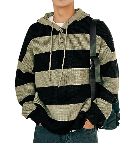 YEMOCILE Men's Striped Knit Pullover Hoodie Button Henley Side Slit Long Sleeve Drawstring Preppy Hooded Sweater
