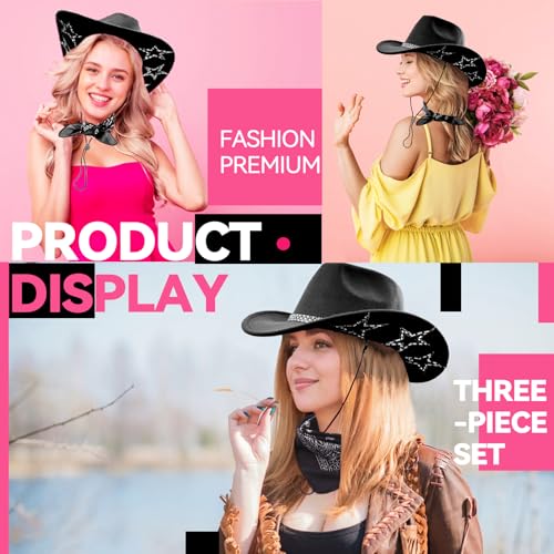 Image of SHENYI Cowgirl Hat and Bandana and Heart Sunglasses Glitter Rhinestone Star Cowboy Hat Western Sparkly Hats for Women Men