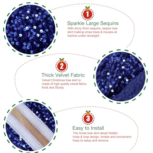 Omksih NAVY BLUE CHRISTMAS TREE SKIRT 60 Inches Velvet Sequins Tree Skirt For 9Ft Large Xmas Trees Rustic Christmas Tree Base Sparkle Blue Tree Skirt Polyester Glittery Tree Skirts thumb #2