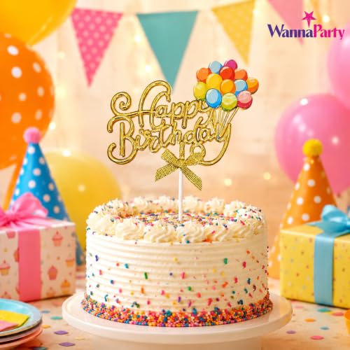 Image of Wanna Party Happy Birthday Cake Topper, Gold Script Balloon Design with Bow, Multicolor Birthday Cake Decoration Pick for Kids, Adults, Party Cakes & Dessert Table - 1PC