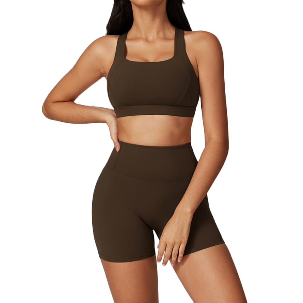 JPXJGT Women Gym Wear Workout Clothing Sports Fitness Bra Yoga Shorts Suit Set.(Size:M,Color:Brown)
