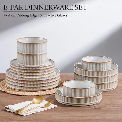 Image of E-far 16 Piece Dinnerware Sets, Plates and Bowls with Pasta Bowls Service for 4, Modern Stoneware Ribbed Dishes for Kitchen Dining, Microwave & Dishwasher Safe, Creamy Beige