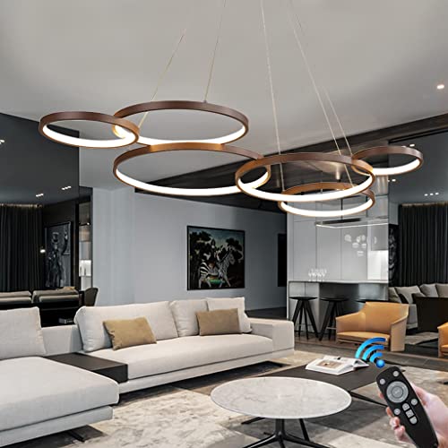 FWX Luminaire Suspendu LED Grand Lustre de Table d'intérieur Hauteur réglable Suspension Lampe de Salon Dimmable avec télécommande Lampes à Anneaux Modernes en...
