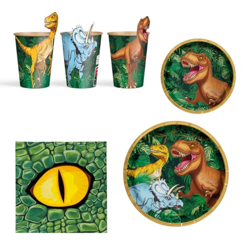 OH YEAH - Kit de Loiça Descartável para Festa de Aniversário de Dinossauros para 6 Pessoas - 44 Peças - Pratos, Copos e Guardanapos Descartáveis - Decoração Temática de Loiça de Aniversário Infantil