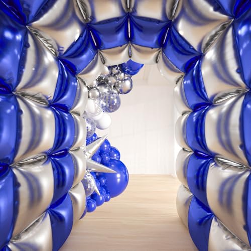 25pcs Blue and Silver Foil Square Balloon Backdrop Wall with 149pcs Royal Blue White Silver Balloons Arch, Double Sided Balloon Tunnel with Star Balloons for Graduation,New Year Party Decor by ZizasAry - Used condition - Image 7