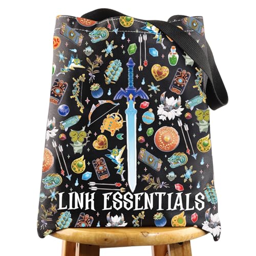 LEVLO Sac fourre-tout en toile pour fans de jeux de dessin animé, Sac fourre-tout Link noir, Medium