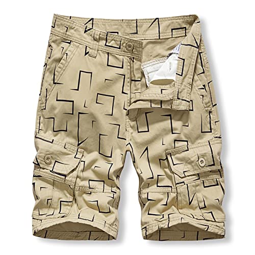 Shorts De Carga Impresos For Hombre Pantalones Cortos De Algodón De Verano Sueltos Pantalones Cortos De Carga De Múltiples Bolsillos Pantalones Casuales (Color : NBWS27254Khaki, Size : 30) Cover