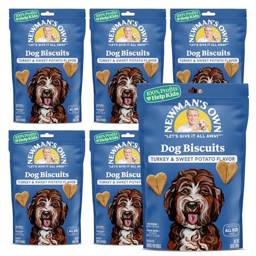 Newman's Own Turkey & Sweet Potato Dog Biscuits, 10 oz Bag (Pack of 6) — Oven Baked Crunchy Training Treats, Organic Ingredients, No Wheat Corn or Soy, Premium Quality Wholesome Dog Cookies