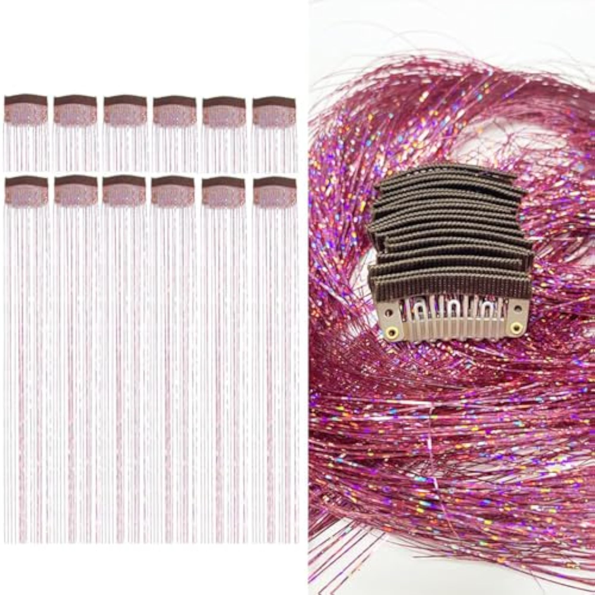 12Pcs Pink Tinsel Hair Extensions, 20 Inch Clip-in