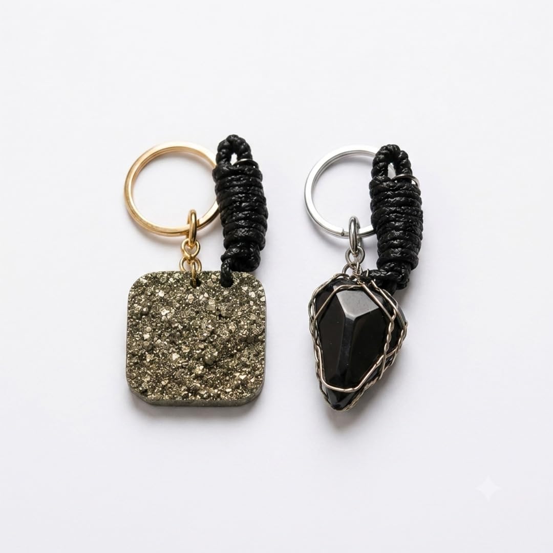 Agate & Pyrite Keyring Set – Natural Crystal Duo | Protection & Wealth Energy-image-12