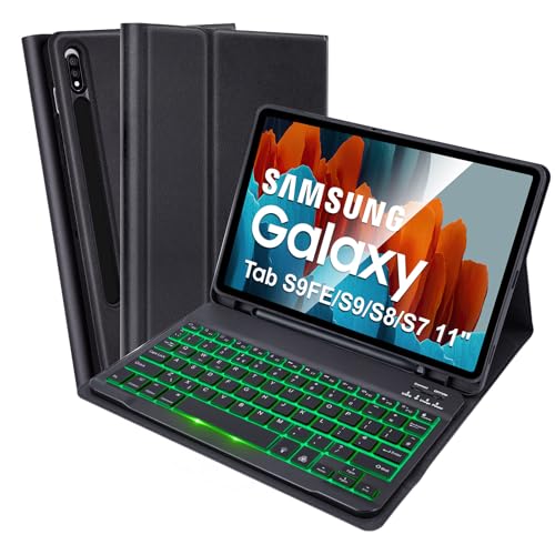 SOPPY Backlit Keyboard Case for Samsung Galaxy Tab S7/S8/S9/S9FE/S10FE 11 inch, 7-Color Backlight, Rechargeable Detachable Wireless Slim Keyboard Case with S Pen Holder, Black