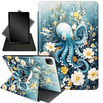 for iPad Air 13 Inch Case (M3/M2) 2025/2024,for iPad Pro 12.9 Case 2022 2021(6th 5th Generation),360 Degree Rotating Stand Smart Protective Cover Case,Octopus and Flowers