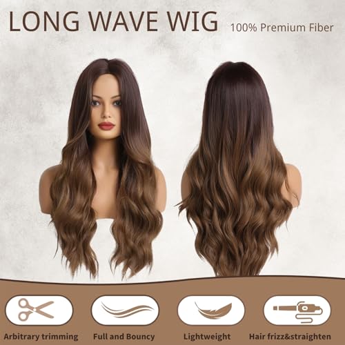 Haoland Peruca Longa Ondulada Marrom Ombre para Mulheres 26 Polegadas Parte Média Encaracolada Peruc