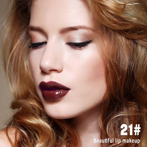 Image of evpct Dark Maroon Red Shiny Longwear No-Budge Liquid Lip Color Lipstick Makeup, Highly Pigmented Color Instant Shine, Waterproof Long Lasting Lipstick for Women, Lip Stain Gloss with Liner Brush, 21#