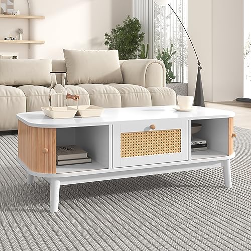 Table Basse Rotin Bois Massif 110 cm avec Tiroir BTM
