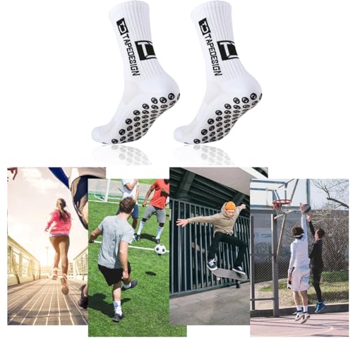 2 Pairs Non-Slip Grip Socks for Soccer & Sports, Anti-Slip Athletic Socks for Men & Women (Size 39-46, White) - Basketball Running4