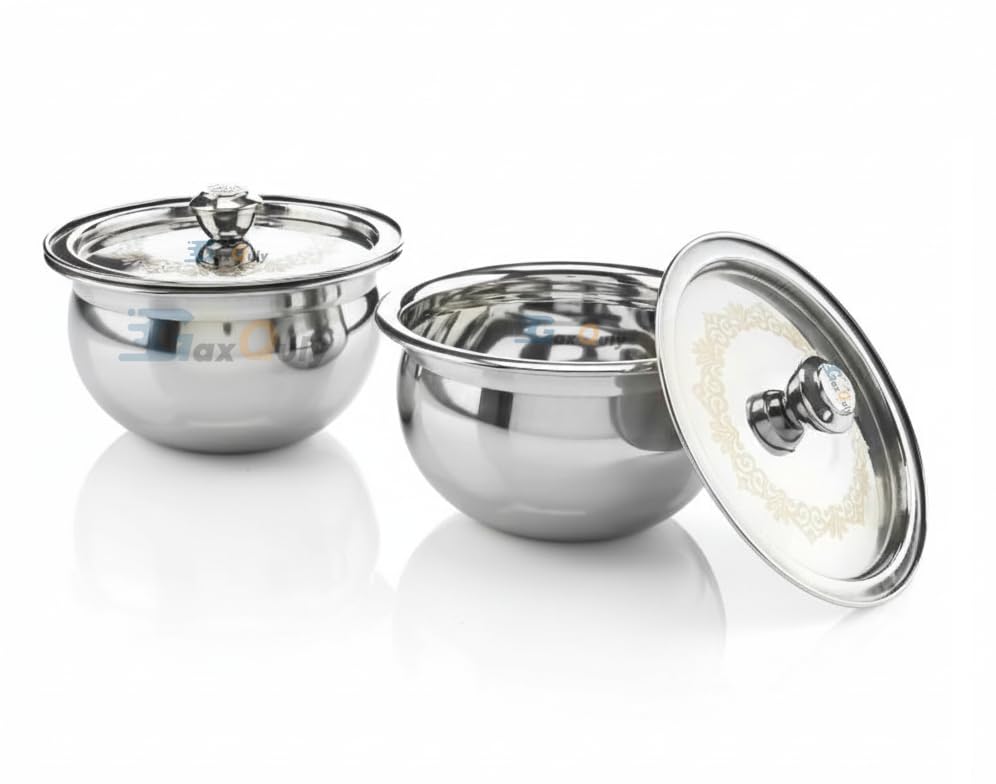 Image of Stainless Steel Cook and Serve Handi Panjabi Biryani Serving Bowl Milk Pot Pan Patila with Lid Laser Finished Gas & Induction Compatible Multipurpose Utensil 500 ml (2pcs, Steel)