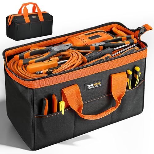 TUFFWORX Wide Open Mouth Tool Bag, Multi-pockets Tools Storage Bag, Heavy Duty Tool Organiser with Handle, Black and Orange, 17 Inch