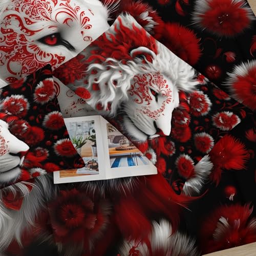 Image of Red and Black Lion Full Size Comforter Set for Men,Full Size Quilt Bedding Set Floral,Wild Animal Print Comforter Set,with 1 Comforter with 2 Pillow Case