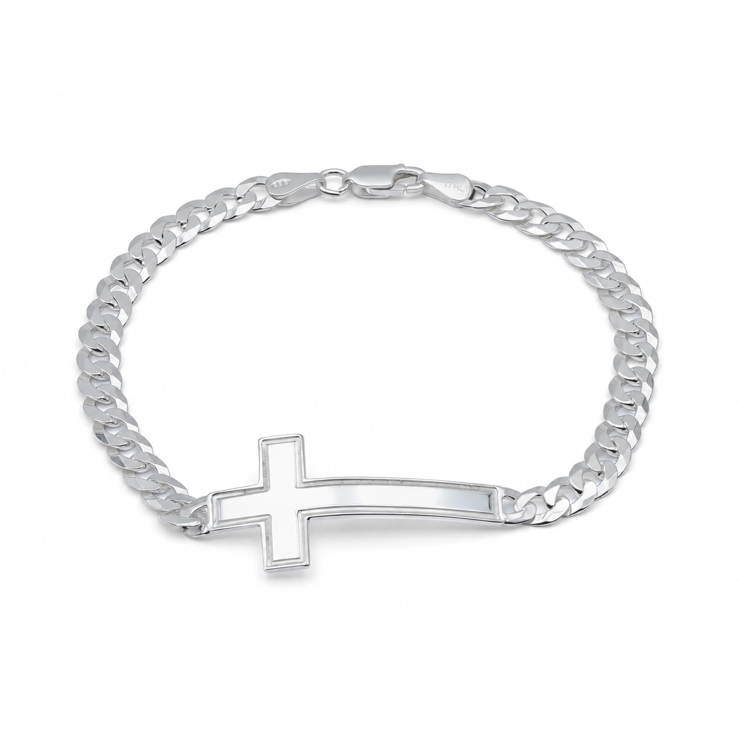 AKA Gioielli - Bracelet Croix Homme en Argent 925, Bracelet avec Croix et Chaîne Maille Cubaine de 6 mm en Argent - Longueur 22 cm, Idée Cadeau Élégante avec Coffret