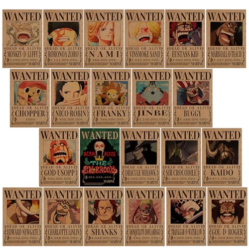 OnePiece Póster,22 PCS OnePiece Luffy Bounty Wanted Poster Kit de Collage de Anime Pared Manga Estética Carteles Pintura Hd Amantes del Anime Estar Dormitorio Decoración de Fotos para Regalos