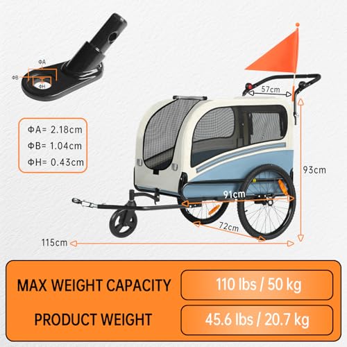 SEPNINE 2-in-1 XL Fahrradanhänger für Hunde, Hundeanhänger für Fahrrad - mit Dachöffnung, Reflektoren & Reflexstreifen, mit Schiebestange & Universal-Fahrradkupplung, Faltbar, Bis 50 kg, Blau
