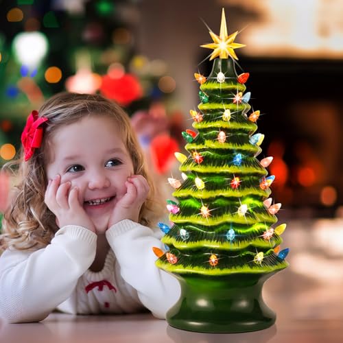 Lakumu 2024 Newest 16-Inch Table Top Christmas Tree, Hand Painted Resin Christmas Tree With Lights, Pre-Lit Xmas Tree Decor Lighted Tabletop Decoration With Multicolored Led Bulbs, Ceramic-Like Finish thumb #6