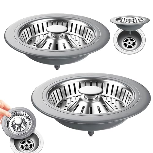 2 Piezas Colador Desagüe,Filtro para Fregadero,Colador de Fregadero,Tapón de Cocina 3 en 1,tapón de Drenaje emergente,para colector de residuos de Alimentos.(Diámetro del Orificio:78-85 mm,Plateado)