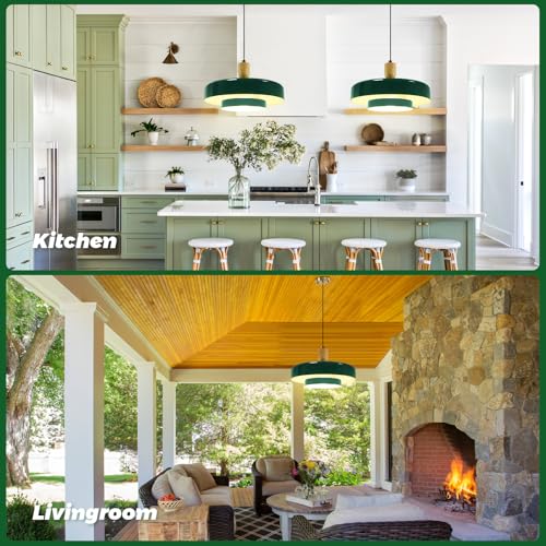 Image of Mid-Century Pendant Light Kitchen Island Chandelier Light Fixture Vintage Small Ceiling Light with 2-Tiers Metal Shade for Dining Room Living Room (Green, 2 Pack)