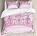 Ambesonne Queen Duvet Cover Set, Theme Pink Heart Shaped Cartoon Crown on Radial Backdrop Romantic, Decorative 3 Piece Bedding Set with 2 Pillow Shams, Queen Size, Light Pink