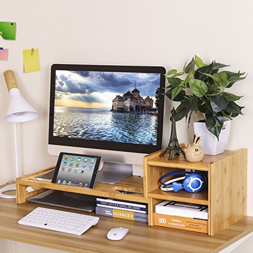 SONGMICS Bamboo Monitor Stand Riser Laptop Cellphone TV Printer Stand with 2-Tier Desktop Storage Organizer Patented ULLD217 - Image 7