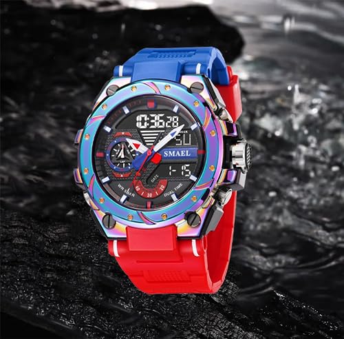 FANMIS Mens Analog Digital Sports Watch Large Face Outdoor Sports Waterproof Military Wrist Watches with Date Multifunction Tactics LED Army Stopwatch (X-Red)2