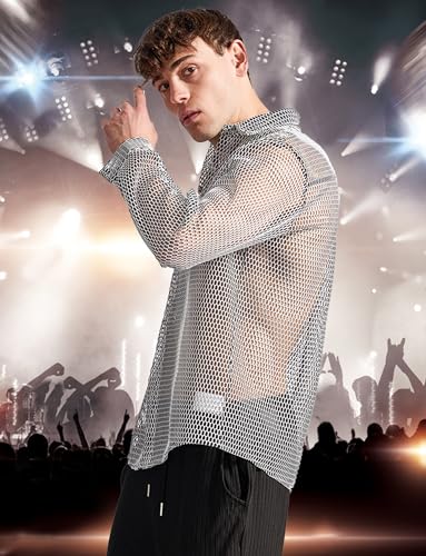 SEAUR ​​Men's Mesh Shirt​ Fishnet Top Long Sleeve Button Down Top See Through Nightclub Undershirts2