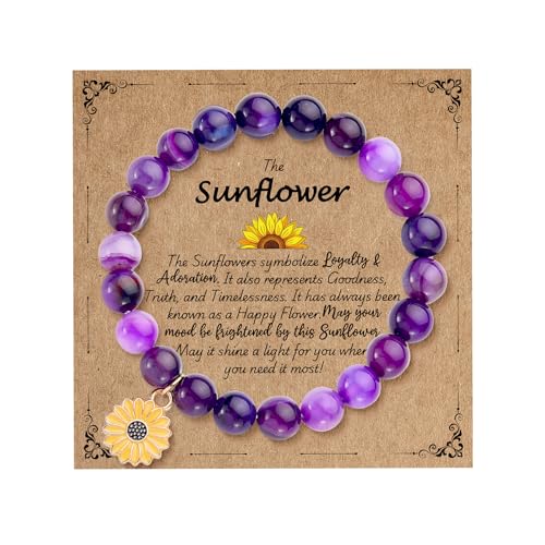 Purple Natural Stone Sunflower Bracelet for Women – Inspirational Sunflower Birthday Gifts for Women. Sunflower gifts are a symbol of sunshine and happiness.