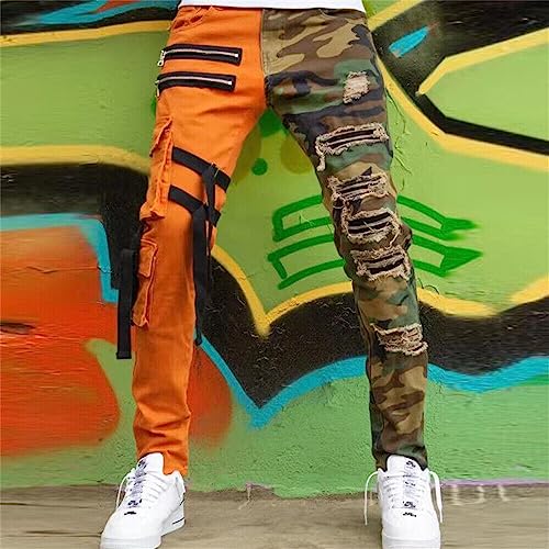 Men's Slim Fit Patchwork Jeans Hip Hop Fashion Straight with Zip Cargo Denim Pants2