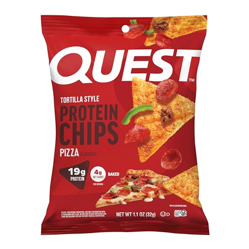 Image of Quest Nutrition Pizza Tortilla Style Protein Chips, 19g Protein, 4g Net Carbs, High Protein Snack, Low Carb, Gluten Free, 1.01 oz bags, 12 Count