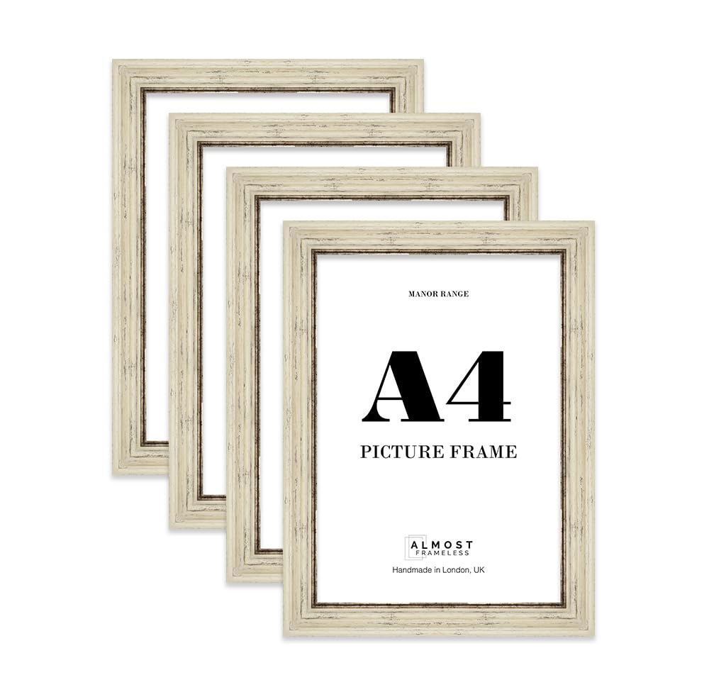 A4 Picture Frame, Display A4 Pictures (21.1 x 29.7cm) - Distressed Cream Rich-toned 42mm Edge Frame for Home DΓ©cor - 4 Pack