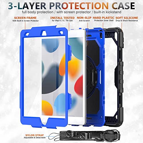 SIBEITU Case Compatible with iPad 9th/8th/7th Generation with Screen Protector Pen Holder, iPad Case 10.2 Inch, Heavy Duty Protection Cover W/Stand Hand Shoulder Strap for iPad A2602 A2197