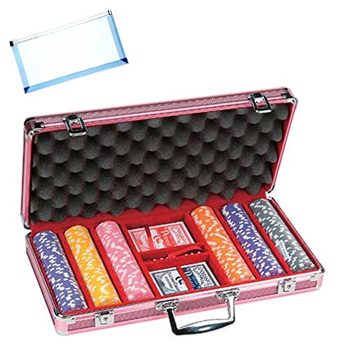 OMURA Games | 300 PC Dice Chip Poker Set in Pink Aluminum Case | Bonus: Multi-Purpose #10 Size Pouch (Color May Vary)
