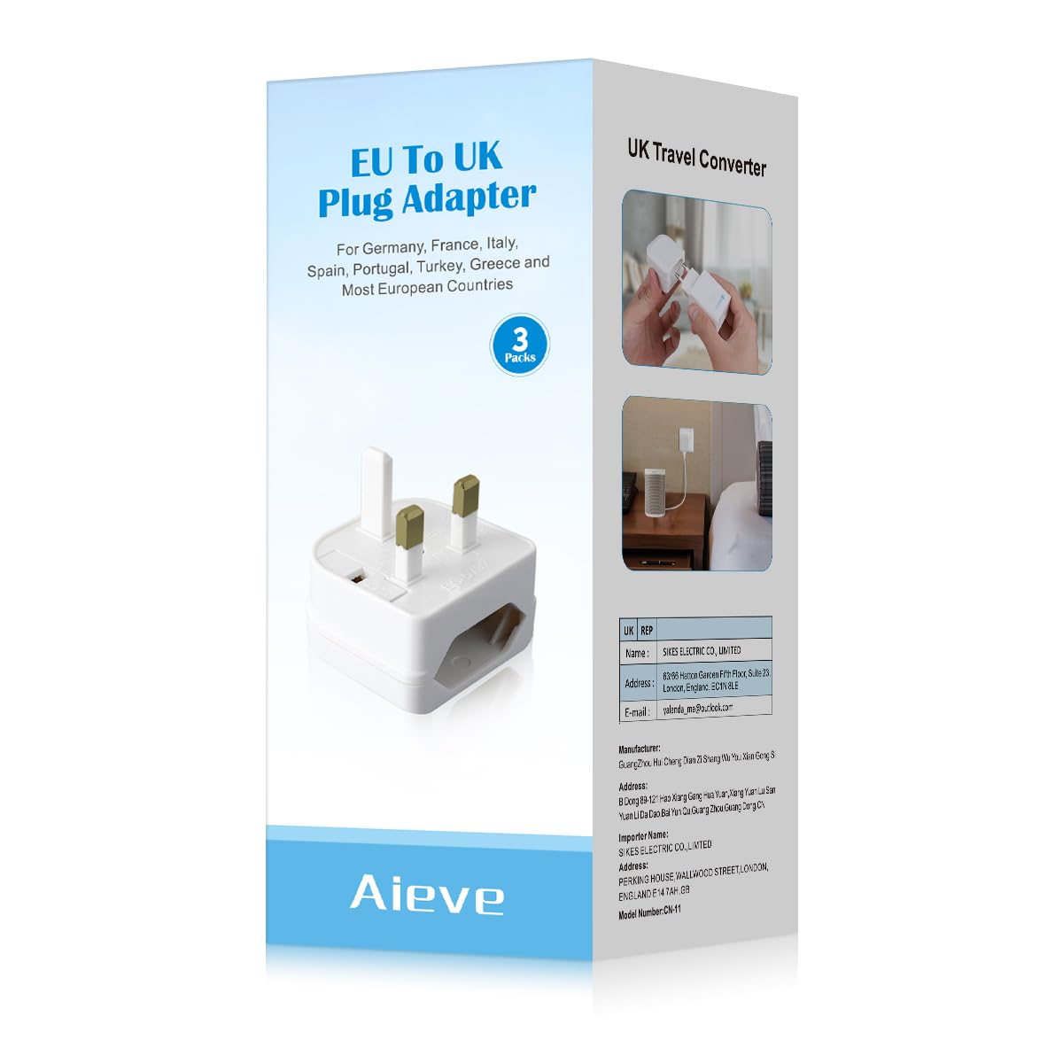 Aieve 3 Pack EU to UK Plug Adapter, European to UK Plug Adaptor Socket Converter with 13A Fuse, 2 to 3 Pin for Travel Electronic Device - White