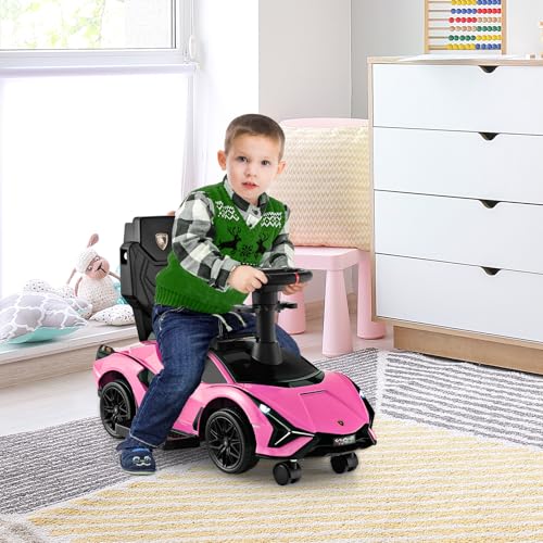 SOARS Lamborghini Rutschauto, Rutschfahrzeug mit Abnehmbarer Schiebstange, Universalrädern, Stauraum, Scheinwerfern, USB-Anschluss, Musik, Spielzeugauto für Kinder ab 1 Jahr (Rosa) – Bild 4